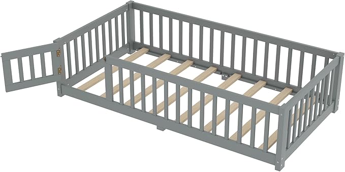 Bellemave Twin Size Floor Bed with Rails for Kids, Girls, Boys, Pine,Plywood Floor Bed with slats and Door, Grey