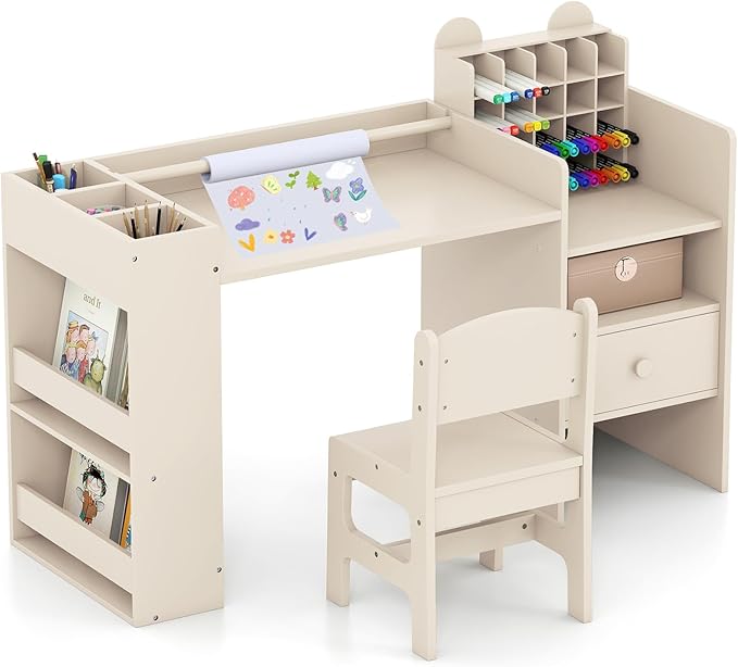 Costzon Kids Desk and Chair Set, Art Activity Desk Set with Detachable Paper Roll Holder, Cubby Cabinet, and Multiple Storage Space, 2-in-1 Toddler Table and Chair for Painting, Studying (Beige)