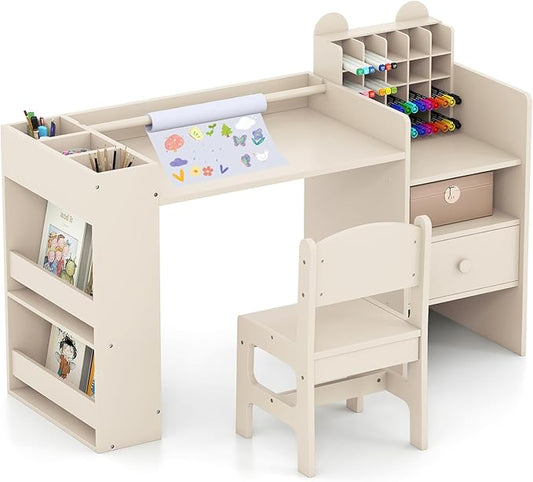 Costzon Kids Desk and Chair Set, Art Activity Desk Set with Detachable Paper Roll Holder, Cubby Cabinet, and Multiple Storage Space, 2-in-1 Toddler Table and Chair for Painting, Studying (Beige)
