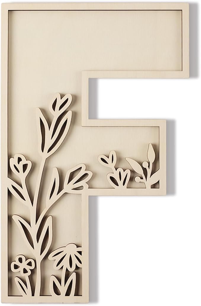 Layered 12 Inch Large Wooden Letters for Wall Decor, Flowered Paintable Wooden Nursery Letters for Crafts Wood Alphabet Letter F for Birthday Boho Nursery Name Sign Wedding Home Decoration