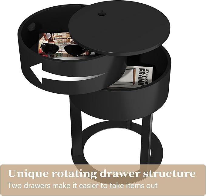 Round Side Table with Hidden Storage Drawers, Modern Nightstand with Swivel Drawer, Minimalist Bedside Table for Bedroom, Living Room, Black