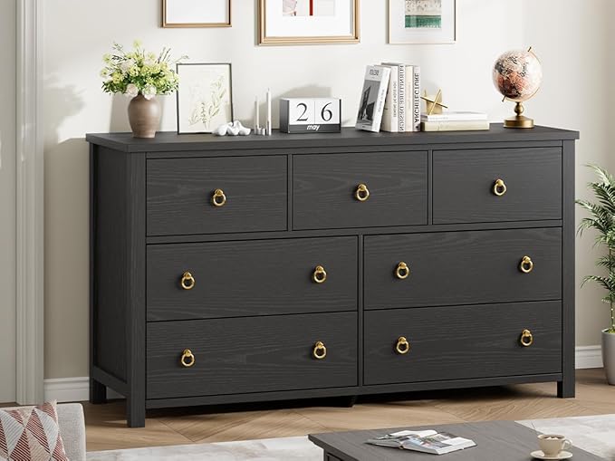 IDEALHOUSE Dresser for Bedroom with 7 Drawers, 54'' Wide Chest of Drawers with Large Clothes Storage Cabinet, Wood Bedroom Dresser, TV Stand for Nursery, Living Room, Hallway, Black