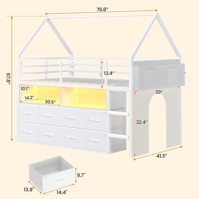 BTHFST Twin Size Loft Bed for Kids, 8 Storage Drawers & LED Lights, House Shaped Metal Bed with Bookcase, Soft Foam Ladder, 13.4" Safety Guardrail, Space Saving, Fun Curtain