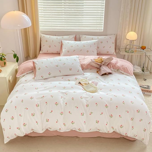 Floral Duvet Cover Queen 3Pcs Girls Cute Pink Tulips Duvet Cover Set Modern Aesthetic Bedding Set Ultra Soft Breathable Garden Flower Bedding with 2 Pillowcases(No Comforter)