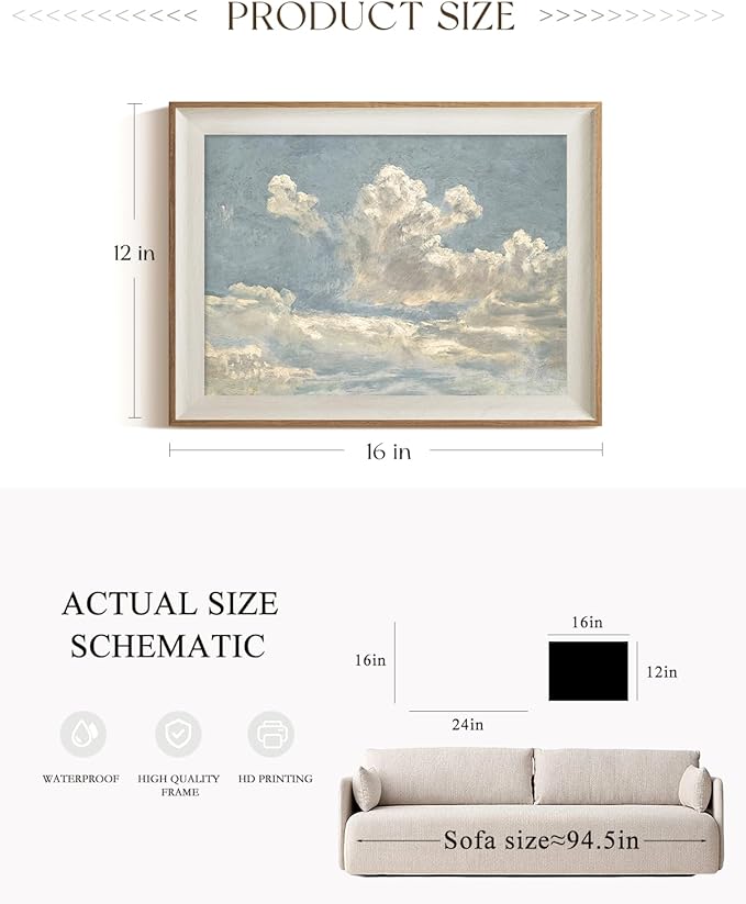 ARPEOTCY Framed Canvas Wall Art, 12x16 Inch Vintage Blue Sky Cloud Oil Painting, Natural Wall Art for Living Room, Bathroom, Bedroom, or Office Blue Wall Decor