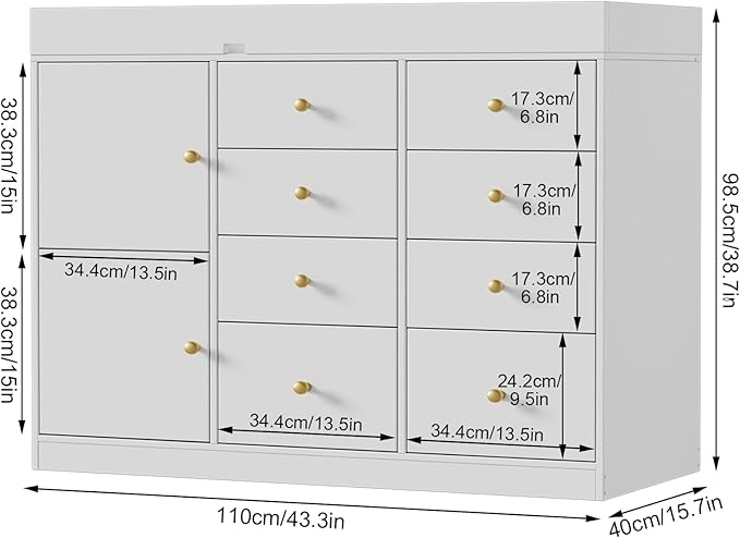 PAKASEPT Changing Table Dresser, Baby Classic Nursery Dresser with 8 Drawers and 2 Cabinet, Multi-Functional Baby Changing Table, Diaper Changing Station for Children's Room