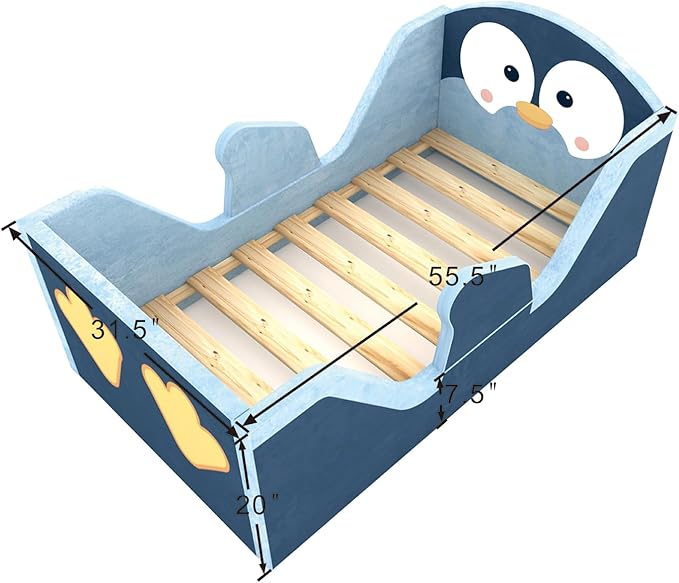 Toddler Beds, Child Bed for Kids with Extra Safty Broad, Standard Crib Size Animal Toddler Bed, Certified Fabric Toddler Beds,Toddler Floor Beds (Penuins)