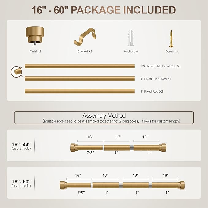 Modern Gold Curtain Rods for Windows 28 to 48 Inches Adjustable Length Heavy Duty 1" Diameter Window Curtain Rod with Decorative Finials for Outdoor Bedroom Kitchen Living Room