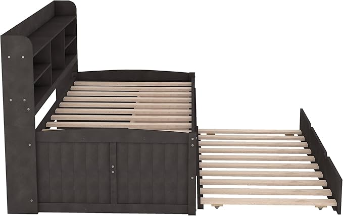 Harper & Bright Designs Twin Size Captain Bed with Built-in Bookshelves/3 Storage Drawers/Trundle, Wooden Twin Daybed Bed Frame for Kids Teens Dorm Bedroom Multipurpose Guest Room, Antique Gray
