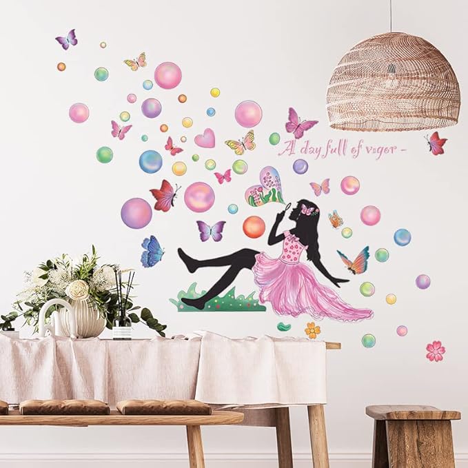 Fairy Girl Blowing Bubble Wall Decal with Colorful Flying Butterfly and Flower Wall Sticker 42.5x37.4inch Removable Self-adhsive Vinyl Wallpaper for Kids Bedroom Nursery Home Decors