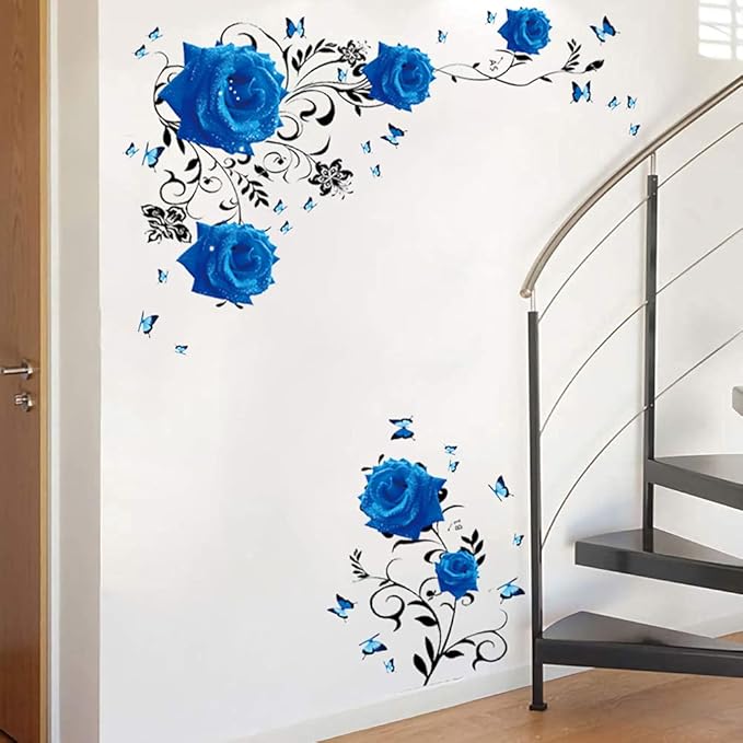 Supzone Blue Rose Wall Stickers Rose Flower Vine Wall Decal Blue Peony Floral Wall Decor DIY Vinyl Mural Art for Bedroom Living Room Sofa Backdrop