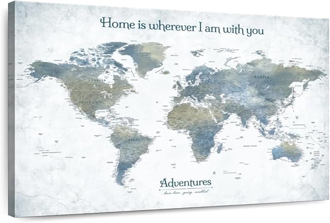 ElephantStock - Home With You II Push Pin World Map Wall Art - Horizontal Canvas Wall Art - Living Room Wall Decor - Digital Art Map Canvas Art - Blue And Gray Decor - 30" x 20"