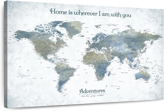 ElephantStock - Home With You II Push Pin World Map Wall Art - Horizontal Canvas Wall Art - Living Room Wall Decor - Digital Art Map Canvas Art - Blue And Gray Decor - 24" x 16"