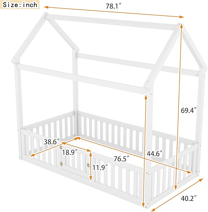 Bellemave Twin House Bed for Kids, Wooden Kids bedframe with Rails and roof, Montessori Floor beds, White with Door no slats