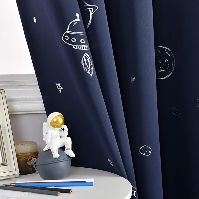 Vangao Navy Blue Kids Curtains for Boys Bedroom Space Theme Blackout Curtains for Kids Nursery Girls Room 96 Inches Length Silver Foil Print Drapes Grommet Top Window Treatments Set 2 Panels