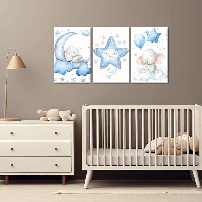 Nursery Wall Art Baby Boy Wall Decor Blue Elephant Moon and Stars Painting Prints Cute Animal Canvas Poster for Kids Room Decor Framed(Baby-2,12L x 16W x 3Pcs)