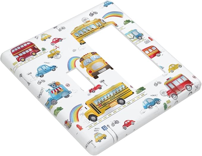 Kids Bus Taxi Truck 2 Gang Light Switch Covers Single Toggle Rocker Combo Wall Plate Electrical Faceplate Decorative Switchplate for Nursery Kidsroom Bedroom Decor