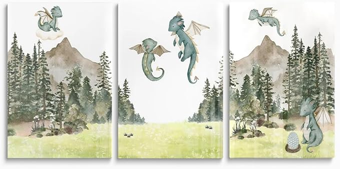 Green Baby Dragon Nursery Wall Decor, Dragon Egg Nursery Print for Baby Boy's Bedroom, Woodland Forest Mountain Wall Art, Nature Animal Art for Kids Room Decor, Framed Set of 3 Canvas, 12"x16"x3