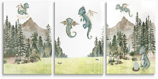 Green Baby Dragon Nursery Wall Decor, Dragon Egg Nursery Print for Baby Boy's Bedroom, Woodland Forest Mountain Wall Art, Nature Animal Art for Kids Room Decor, Framed Set of 3 Canvas, 16"x24"x3