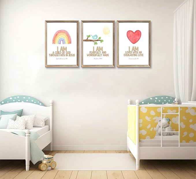 3Pcs Nursery Bible Verse Canvas Wall Art Colorful Rainbow Motivational Affirmation Wall Decor Pictures Christian Kids Scripture Introduction Posters Prints for Kids Room Nursery Home Decoration