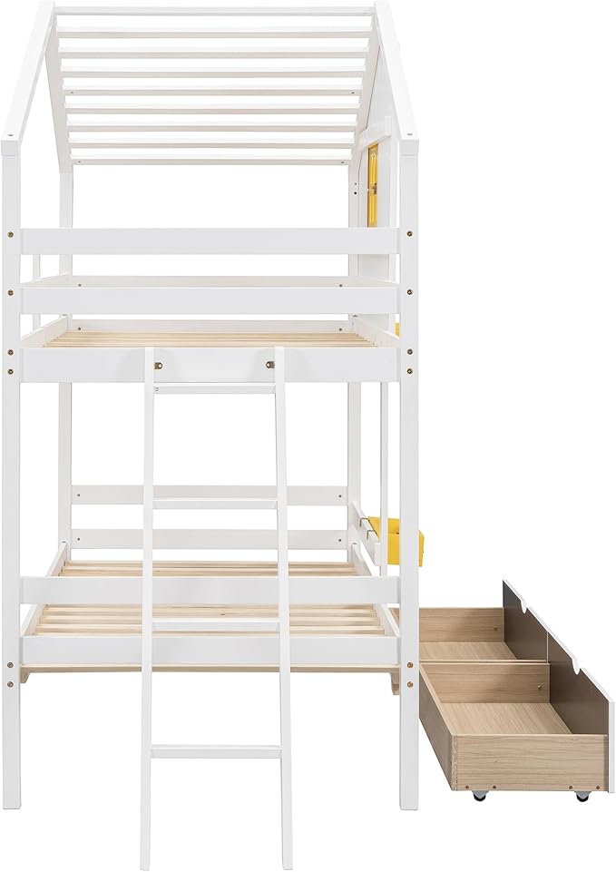 MERITLINE Twin Over Twin House Bunk Bed with Storage Drawers and Storage Box, Solid Wood Bunk Bed with Ladder,Shelf and Roof (White)