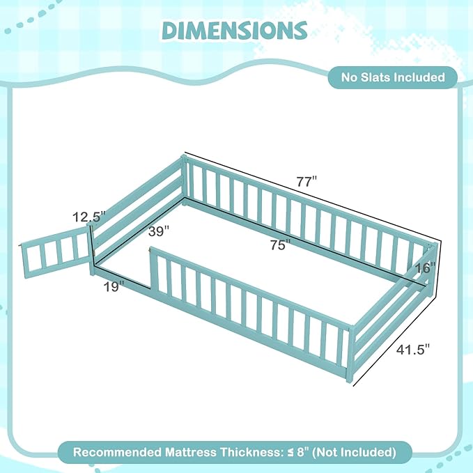Giantex Twin Floor Bed with Door & Fence, Kids Wood Montessori Beds with Safety Guardrails, Floor Bed Twin for Kids, Boys, Girls, No Box Spring Needed, ICY Aqua