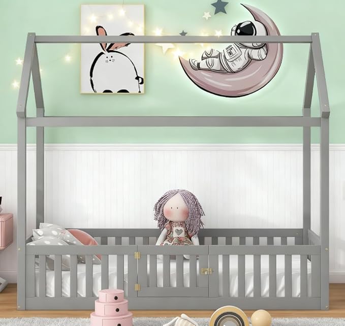 Bellemave Twin House Bed for Kids, Wooden Kids bedframe with Rails and Storage, Montessori Floor beds, Gray with Door no slats