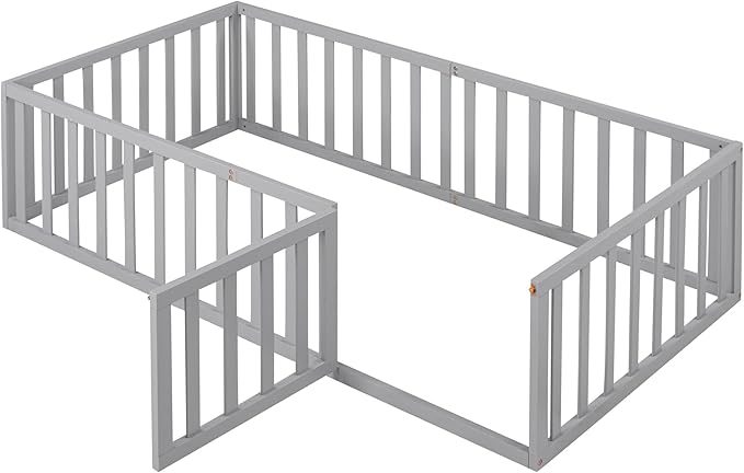 Merax Twin Floor Bed with Safety Guardrails and Door, Wood Montessori Floor Bed Frame for Kids, Twin Playhouse Bed Frame for Baby Girls and Boys, Grey