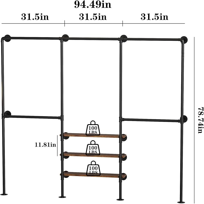 Industrial Pipe Clothing Rack, Wall Mounted Clothes Rack, Heavy Duty Closet Organizers Wardrobe Multi-Purpose Storage Clothes Hanging Shelf-94.5''L Black