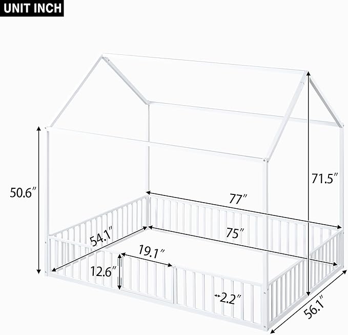 Bellemave Full Size House Bed for Kids, Montessori Floor Bed with Door, Metal House Bed with Door, Floor Bed for Kids, Montessori Floor Bed with Fence, White