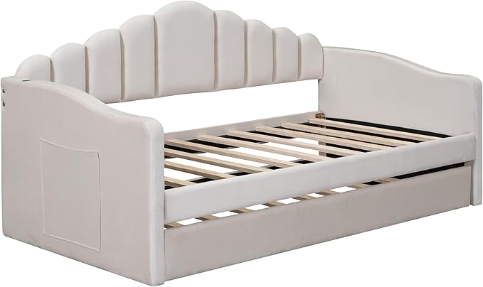 Bellemave Twin Size daybed with Trundle for Adults, Kids, Girls, Teens, daybeds with Trundle for Living Room, Velvet, Beige(Mattress not Included)