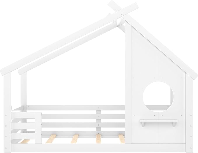 SOFTSEA Full Size House Bed Frame with Roof, Kids Floor House Bed with Window and Storage Shelf for Boys Girls, Wood Montessori Bed with Roof and Guardrails, White