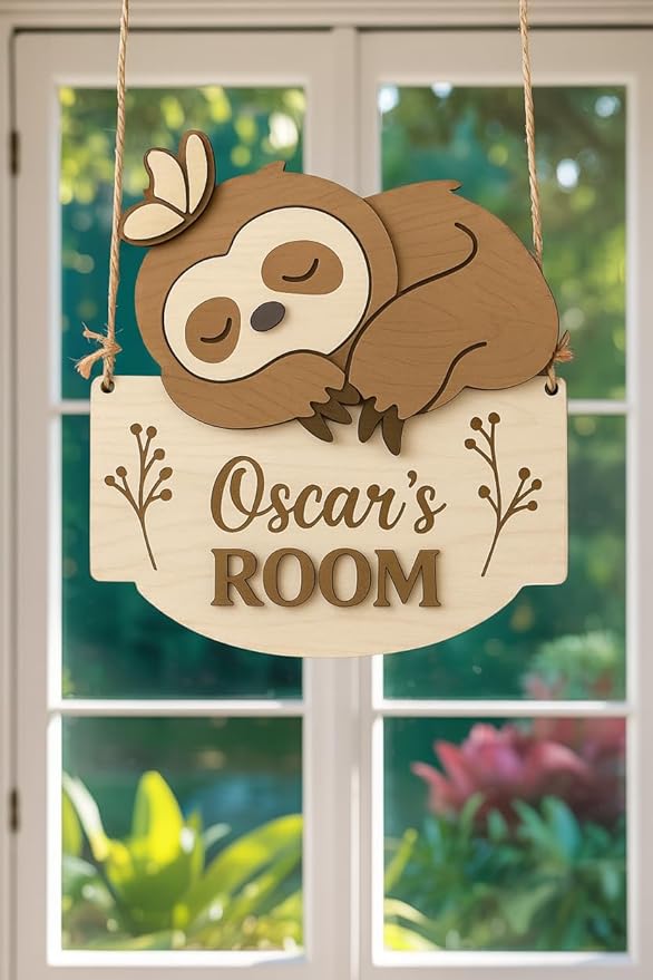 Custom Sloth Room Sign – Personalized Wooden Animal Door Name Plaque, Nursery Wall Decor, Cute Sleeping Sloth with Butterfly Wooden Name Signs for Nursery