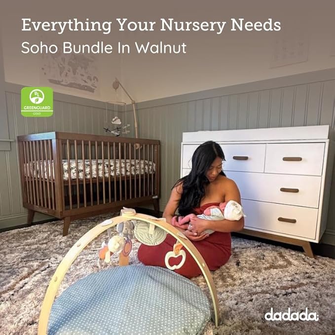dadada Soho Baby Nursery Furniture Set. Baby Crib and Dresser Set Combo. Soho 3 in 1 Convertible Crib and Matching 5 Drawer Dresser. Walnut Beechwood