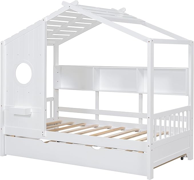 Bellemave Twin Size House Bed with Trundle for Kids,Twin Kids Bed Frame with Storage Shelves,Solid Wood House Bed Frame for Girls,Boys,Can be Decorated,White