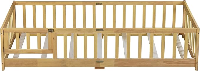 Twin Size Floor Bed for Kids, Wood Montessori Floor Beds with Fence Railings, Door & Slats Support, Twin Playhouse Bed Frame for Boys Girls, No Box Spring Needed, Natural