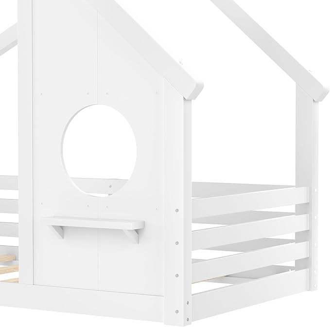 SOFTSEA Twin Size House Bed Frame, Kids Floor House Bed with Window and with Storage Shelf for Boys Girls, Wood Montessori Bed with Slats and Guardrails, White