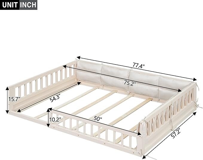 Full Size Upholstered Floor Bed with Guardrail, Montessori Platform Bed Frame for Kids and Toddlers, Wood Slat Support, No Box Spring Needed (Beige + Solid Wood+MDF + Full)