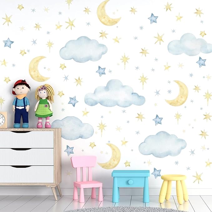 Clouds Moon Wall Decals Clouds Moon Wall Stickers Removable Clouds Stickers Decor for Baby Nursery Playroom Bedroom Classroom Kindergarten