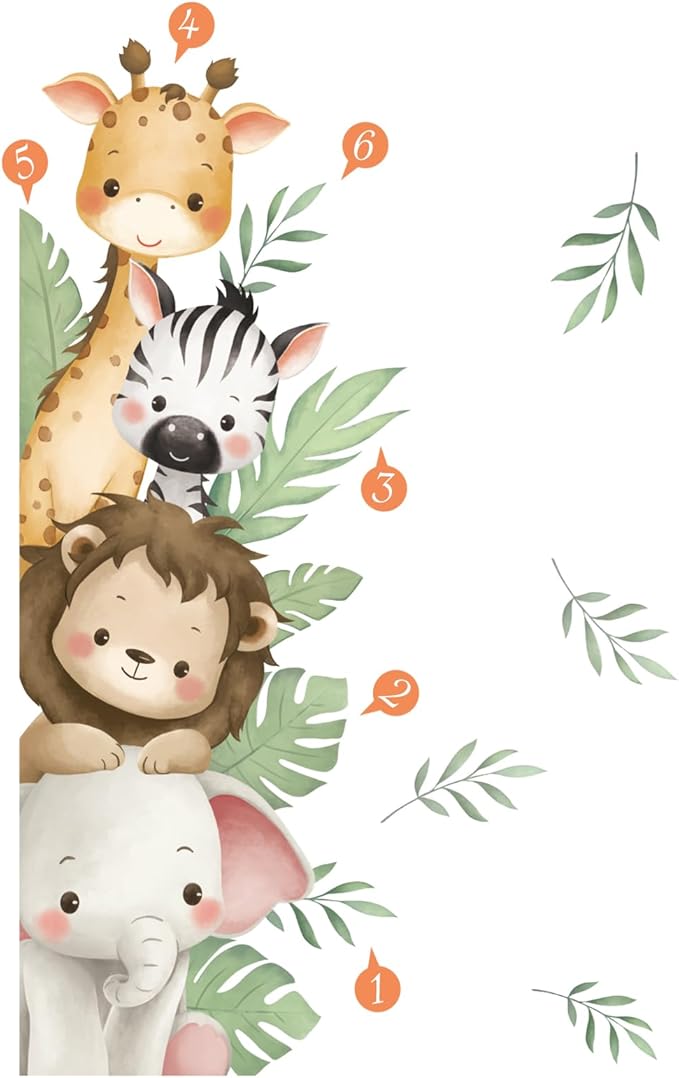 SHUCHING Watercolor Jungle Animal Wall Decals Peel and Stick, Vinyl Safari Elephant Lion Giraffe Zebra Wall Sticker, Wall Decor Art for Nursery Baby Playroom Kids Bedroom
