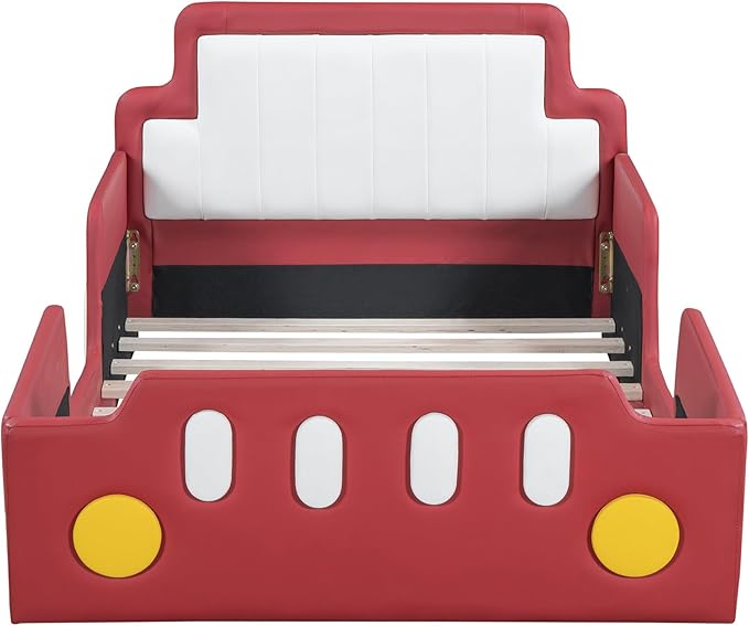 Merax Twin Bed Frames for Boys,Race Car Platform Bed with Wheels,Soft PU Leather Headboard and Footboard,Kids Car Bed Twin Size No Box Spring Needed