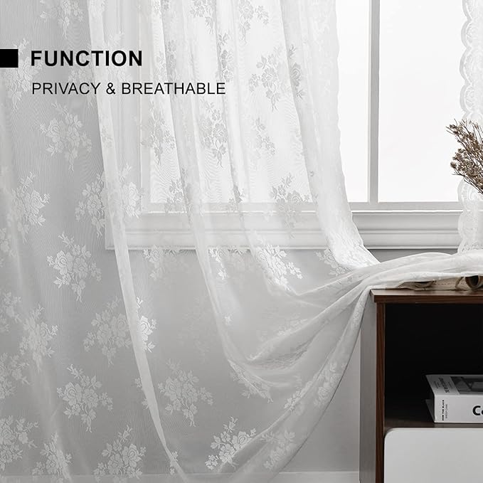 Kotile White Lace Curtains 54 Inch Length 2 Panels Set, Embroidered Rustic Floral Vintage Lace Curtains for Small Windows, Rod Pocket Privacy Sheer Window Curtain, 52 x 54 Inch, 1 Pair, White