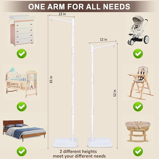 White Floor-Standing Crib Mobile Arm - 65" Baby Mobile Stand for Crib - Mobile Arm for Crib - 100% Beech Wood - Adjustable Mobile Hanger with Anti-Tip Base - Easy Assembly - Modern Nursery Decor