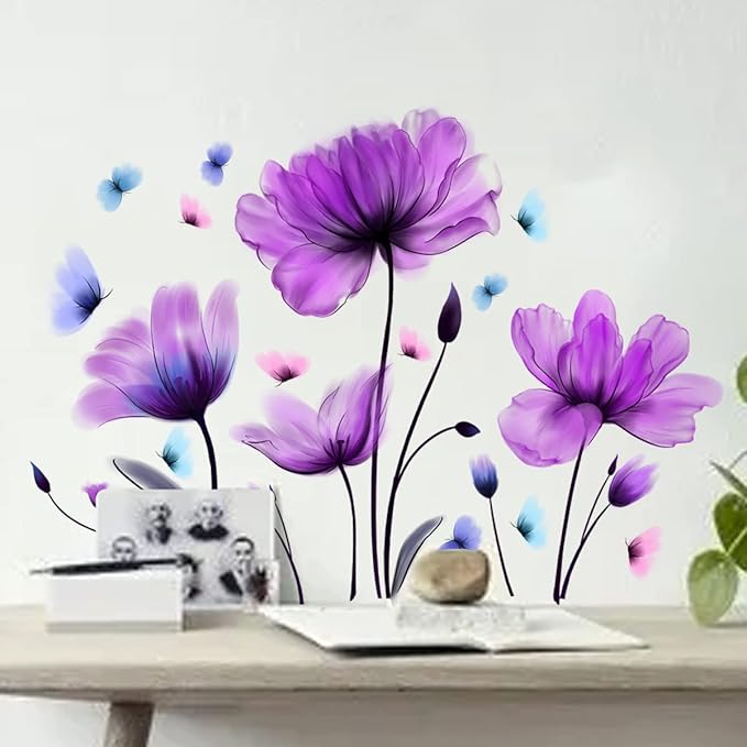 Tulip Wall Decals Flower and Colorful Butterfly Wall Sticker Purple Floral Art Wall Clings 25.2x35.43inch Removable DIY Vinyl Stickers for Living Room Bedroom TV Sofa Background Decoration