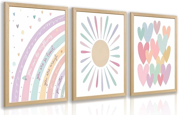 LLEEMPI Pink Heart Sun Rainbow Wall Art Set of 3, Baby Room Wall Decor, Boho Rainbow Nursery Canvas Painting, Classic Minimalist Poster Prints for Bedroom Bathroom Classroom Wood Framed 12x16 Inch