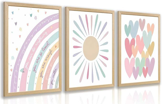 LLEEMPI Pink Heart Sun Rainbow Wall Art Set of 3, Baby Room Wall Decor, Boho Rainbow Nursery Canvas Painting, Classic Minimalist Poster Prints for Bedroom Bathroom Classroom Wood Framed 16x24 Inch