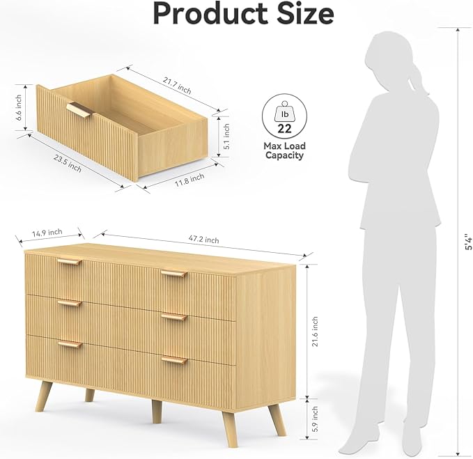 6 Drawer Dresser for Bedroom, 47" Wide Modern Chest of Drawers with Fluted Design, Dresser TV Stand, Boho Storage Wood Dresser Organizer for Living Room, Hallway, Closet, Entryway Natural