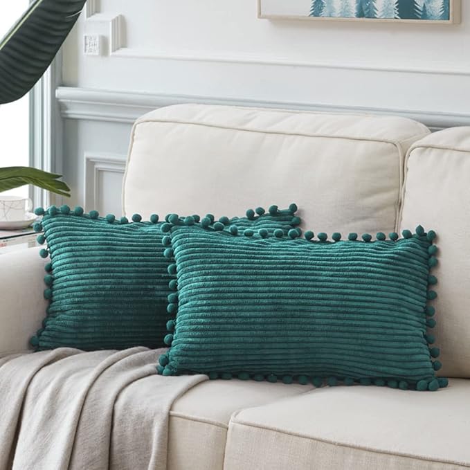 Fancy Homi Pack of 2 Teal Decorative Throw Pillow Covers 12x24 Inch with Pom-poms for Living Room Couch Sofa Bedroom, Soft Corduroy Solid Lumbar Cushion Case 30x60 cm, Rustic Farmhouse Home Decor
