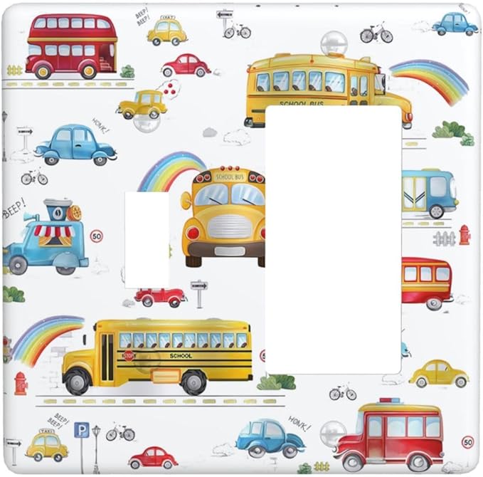 Kids Bus Taxi Truck 2 Gang Light Switch Covers Single Toggle Rocker Combo Wall Plate Electrical Faceplate Decorative Switchplate for Nursery Kidsroom Bedroom Decor