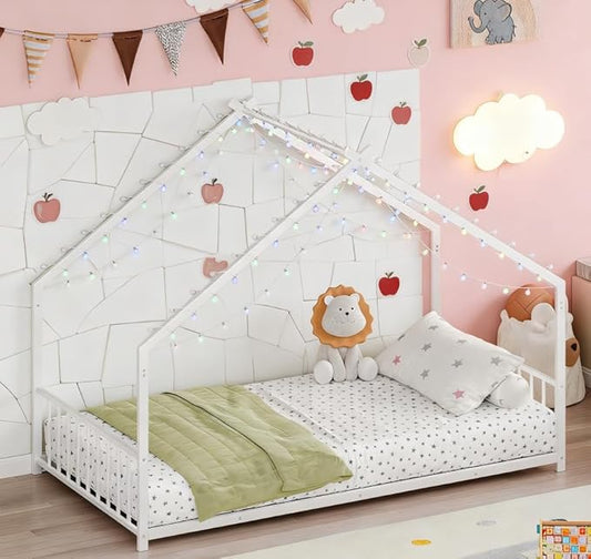 Bellemave Twin Size Montessori Floor Beds with Slats for Kids, Metal Twin House Bed for Kids, White with Slats and Lights